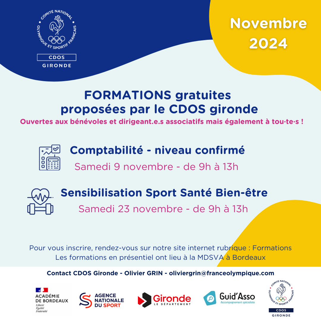 À vos agendas ! Formations du CDOS Gironde - Novembre 2024 - CDOS 33